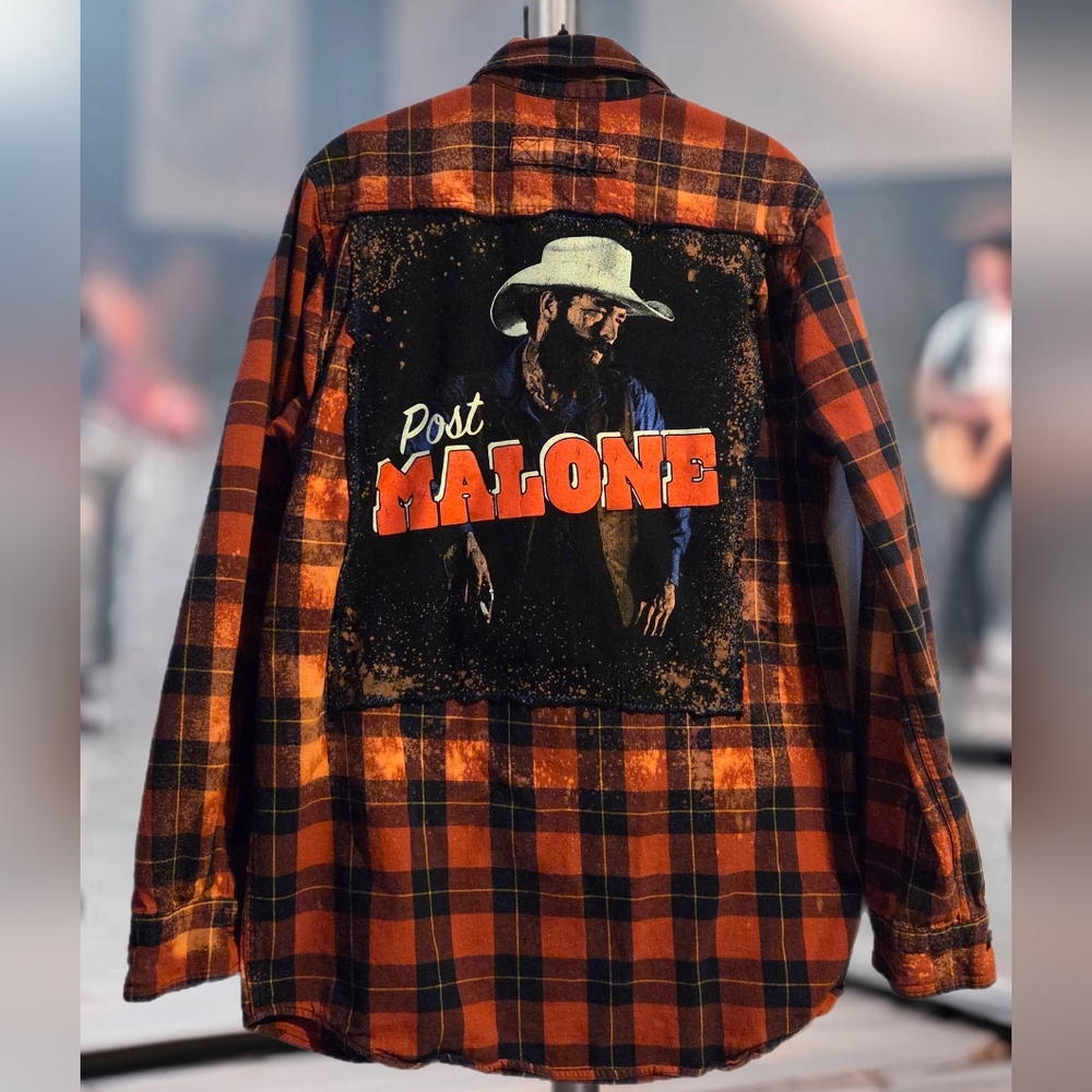 Upcycled POST MALONE Graphic Tshirt Distressed Plaid Flannel Shirt